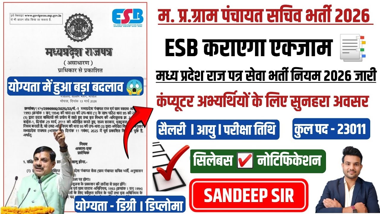 MP GRAM SACHIV VACANCY 2026 MP GRAM PANCHAYAT SACHIV BHARTI 2026 म. प्र.ग्राम पंचायत सचिव भर्ती 2026