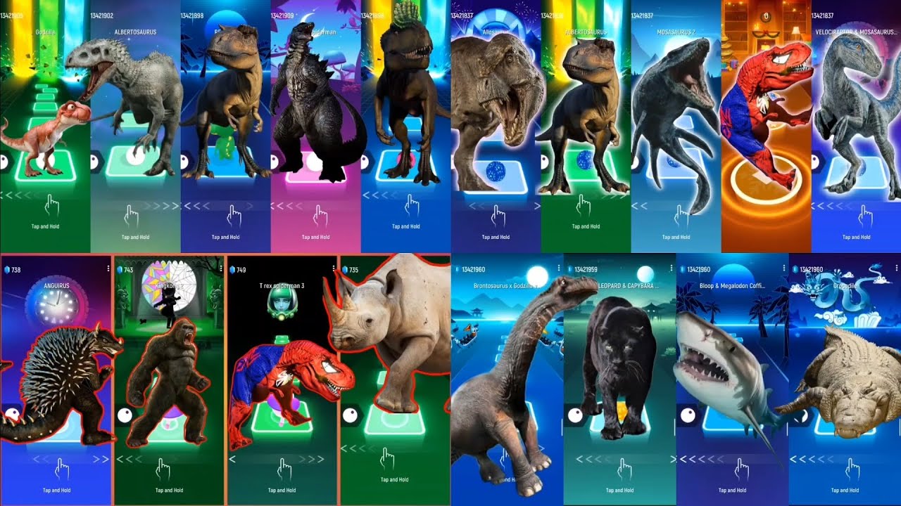🔥🐉🦣🦬🦖 Indoraptor vs Dragon vs Mammoth vs Bison vs T-Rex – Tiles Hop Monster Beat Clash!