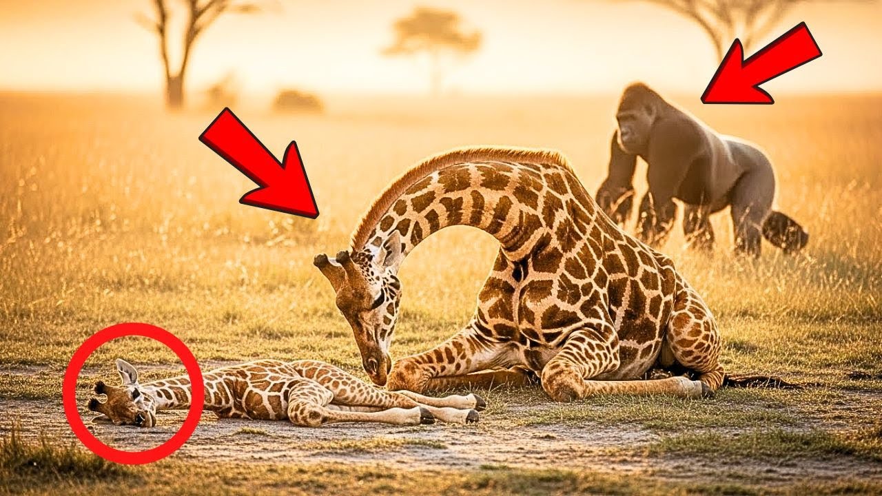 La JIRAFA lloraba mientras su cría no se movía… y la reacción del GORILA desató lágrimas