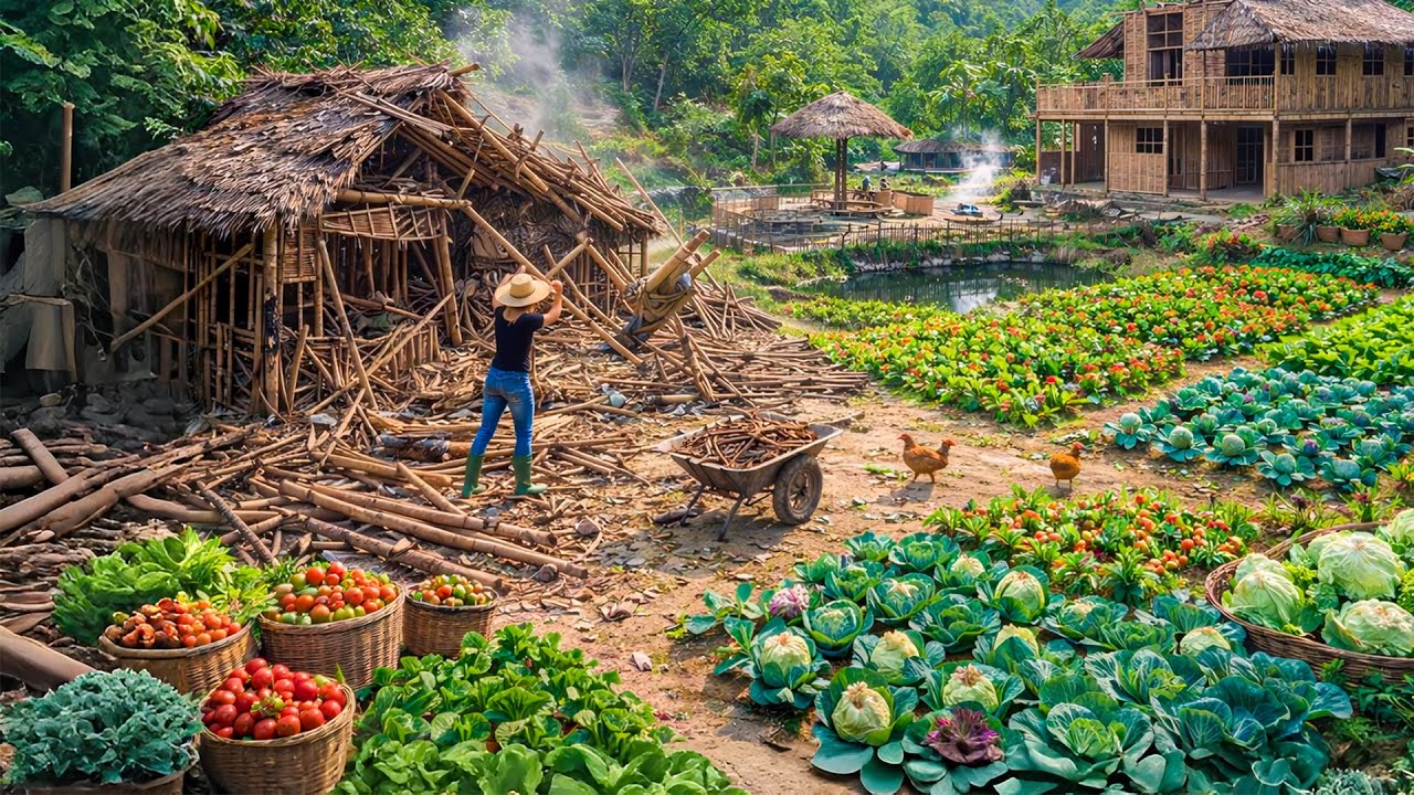Dismantling a Worn Bamboo House and Harvesting Young Pumpkins - Forest Living