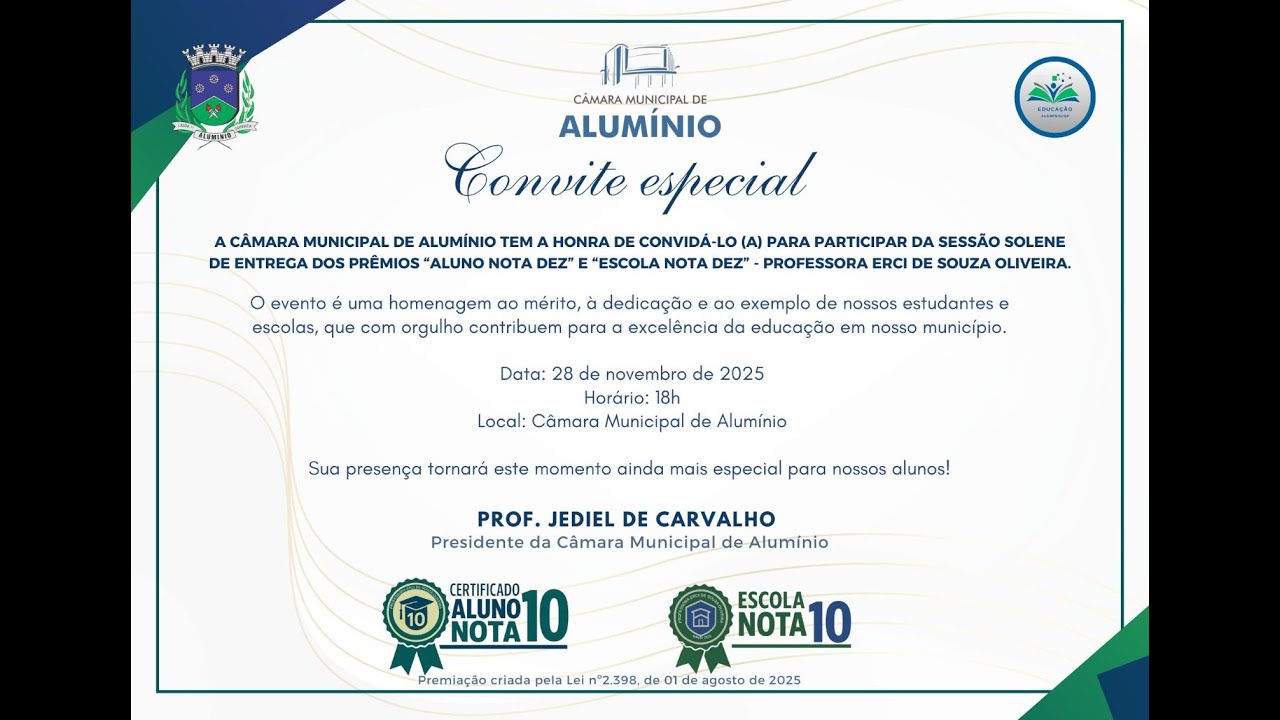 Sessão Solene Aluno Nota 10 e Escola Nota 10 Professora Erci de Souza Oliveira