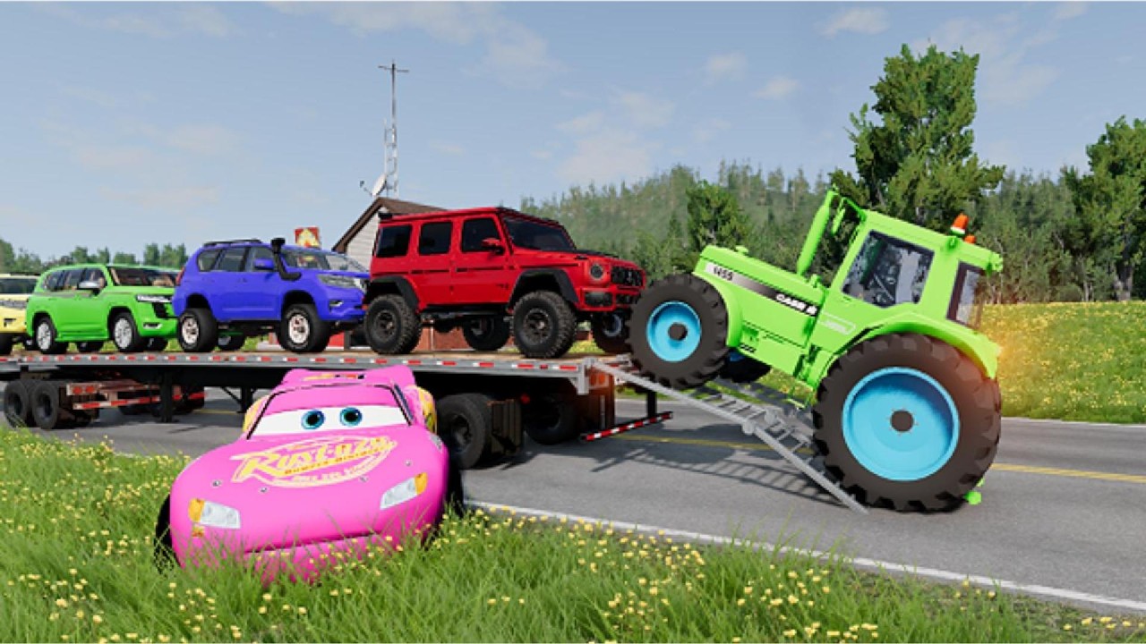 Flatbed Trailer McQueen Transportation with Truck - Speedbumps vs Cars vs Train - BeamNG.Drive