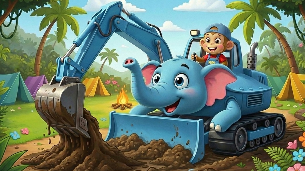 Monkey Funny | Elephant Excavator And Crab Helping Cute Pipi Water Pool | Monkey Cartoon