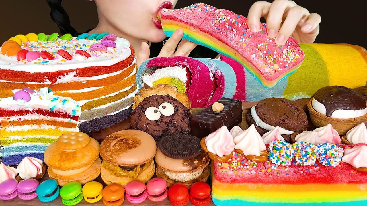 SUB)ASMR MUKBANG Радужный торт и десерты #RainbowCakeMukbang #RainbowMarshmallow #DessertMukbang