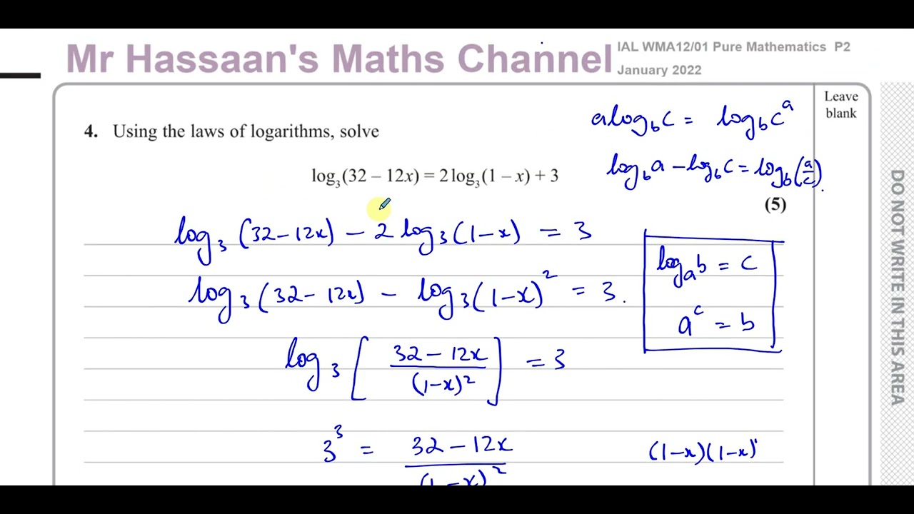 WMA12/01 IAL (Edexcel) P2 January 2022 Q4 Logarithms & Equations