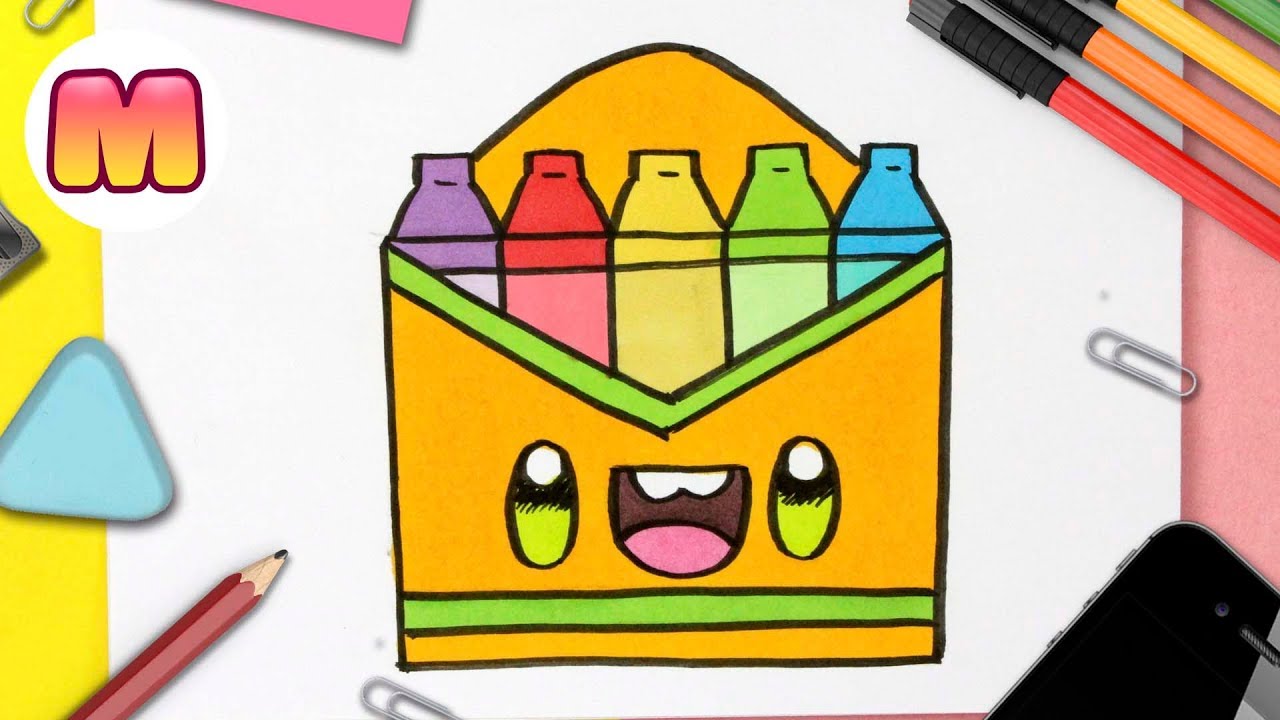 COMO DIBUJAR UNA CAJA DE CRAYOLAS KAWAII - Dibujos kawaii faciles - dibujar utiles escolares