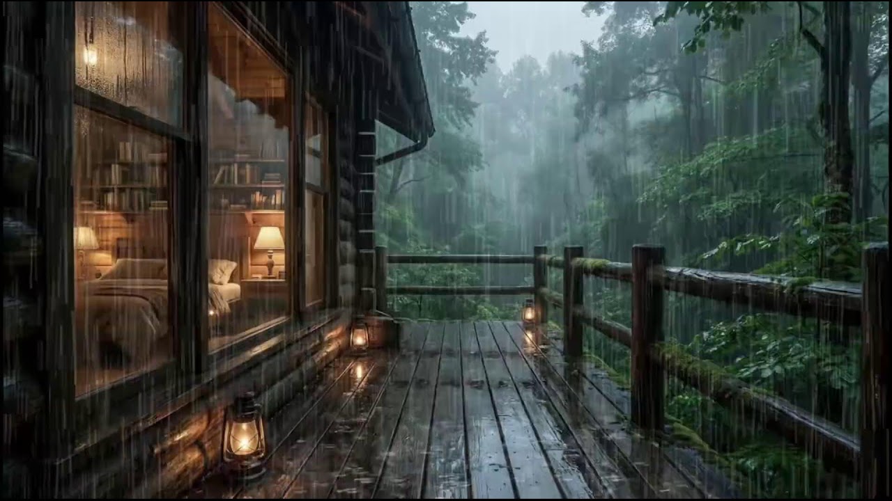 Calming rain near a forest cabin, slow rain rhythms for peaceful sleep support and insomnia rest