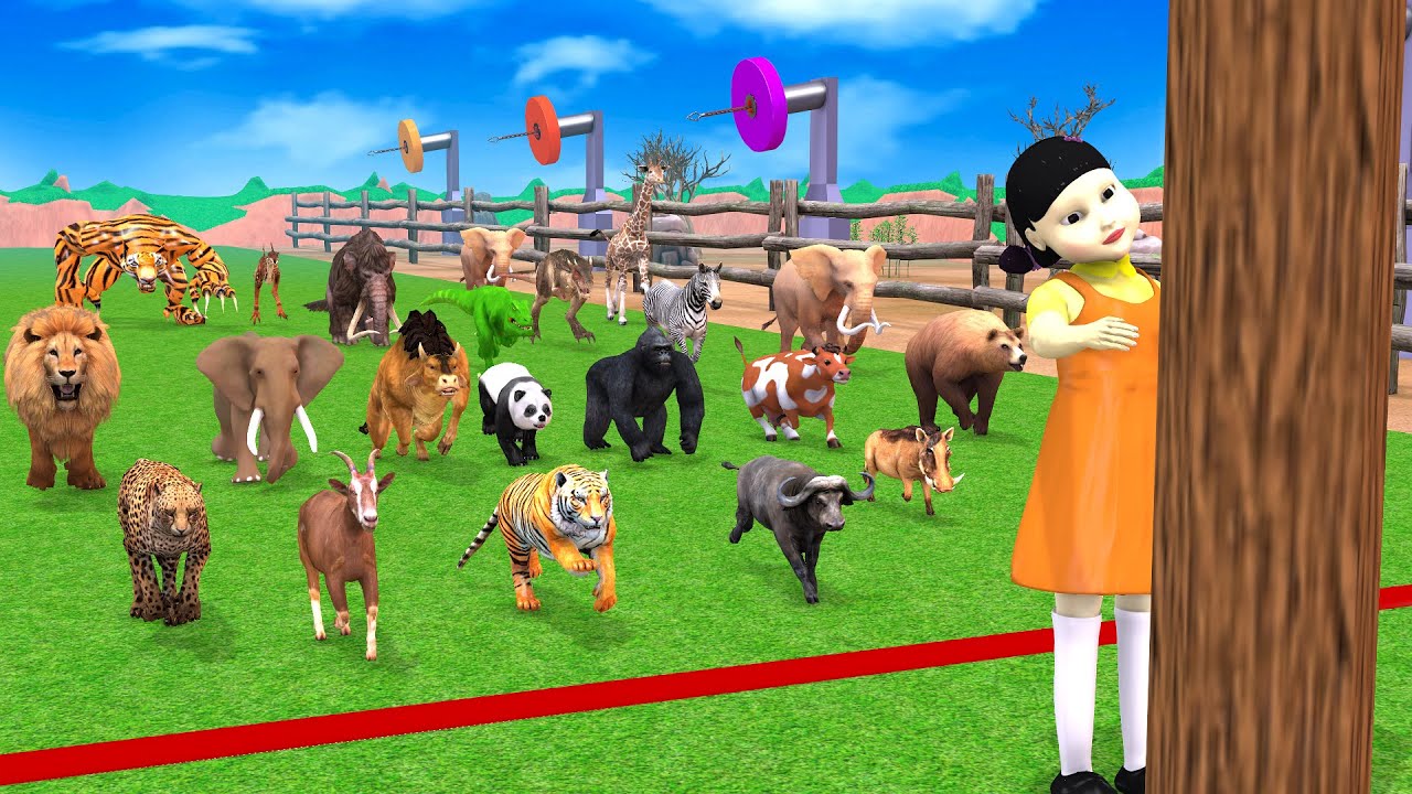 Zoo Animals Mammoth vs Squid Game Doll, Green Light Save Cow vs Lion vs Elephant vs Dinosaur Game