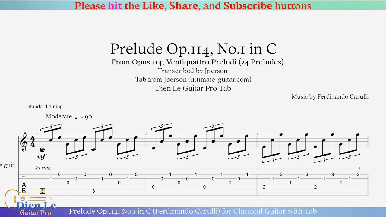 Prelude Op.114, No.1 in C (Ferdinando Carulli) for Classical Guitar with Tab
