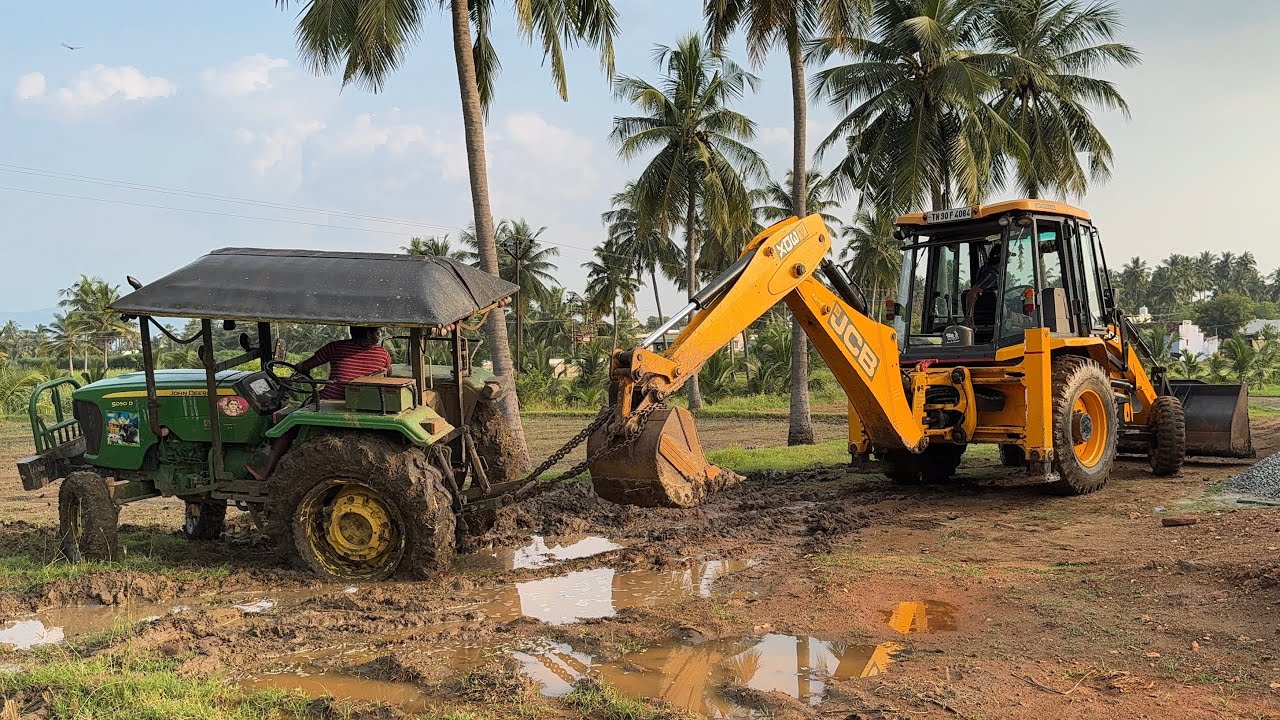 JCB 3DX Rescue in John Deere 5050D Tractor Mud land | jcb video