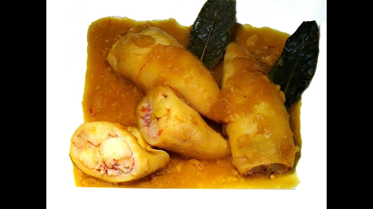 Receta Calamares rellenos de gambas en salsa de cebolla - Recetas paso a paso. Loli Domínguez