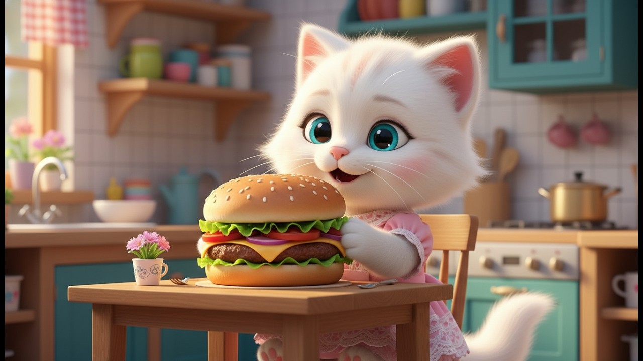 Baby Meow Eats a Juicy Burger! 🐾🍔