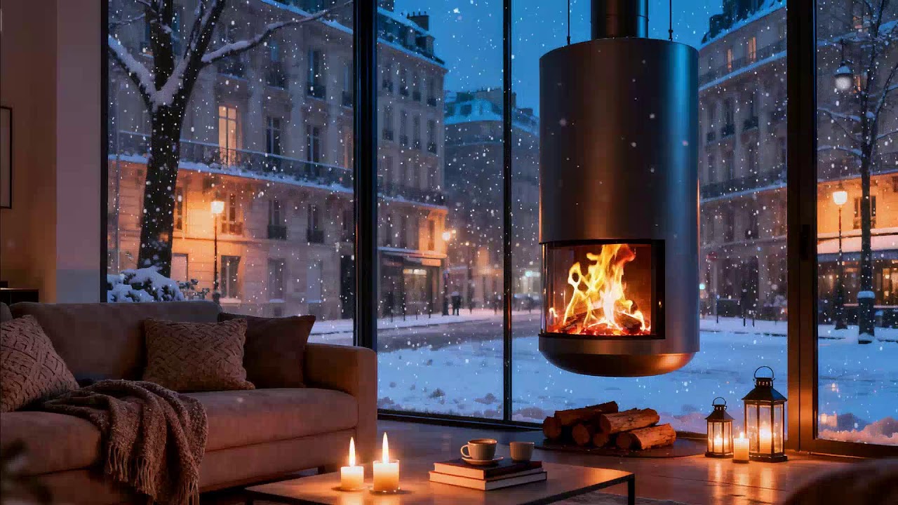 Urban Winter Night Beyond the Glass 🔥 Cozy Firelight and Snowy Silence