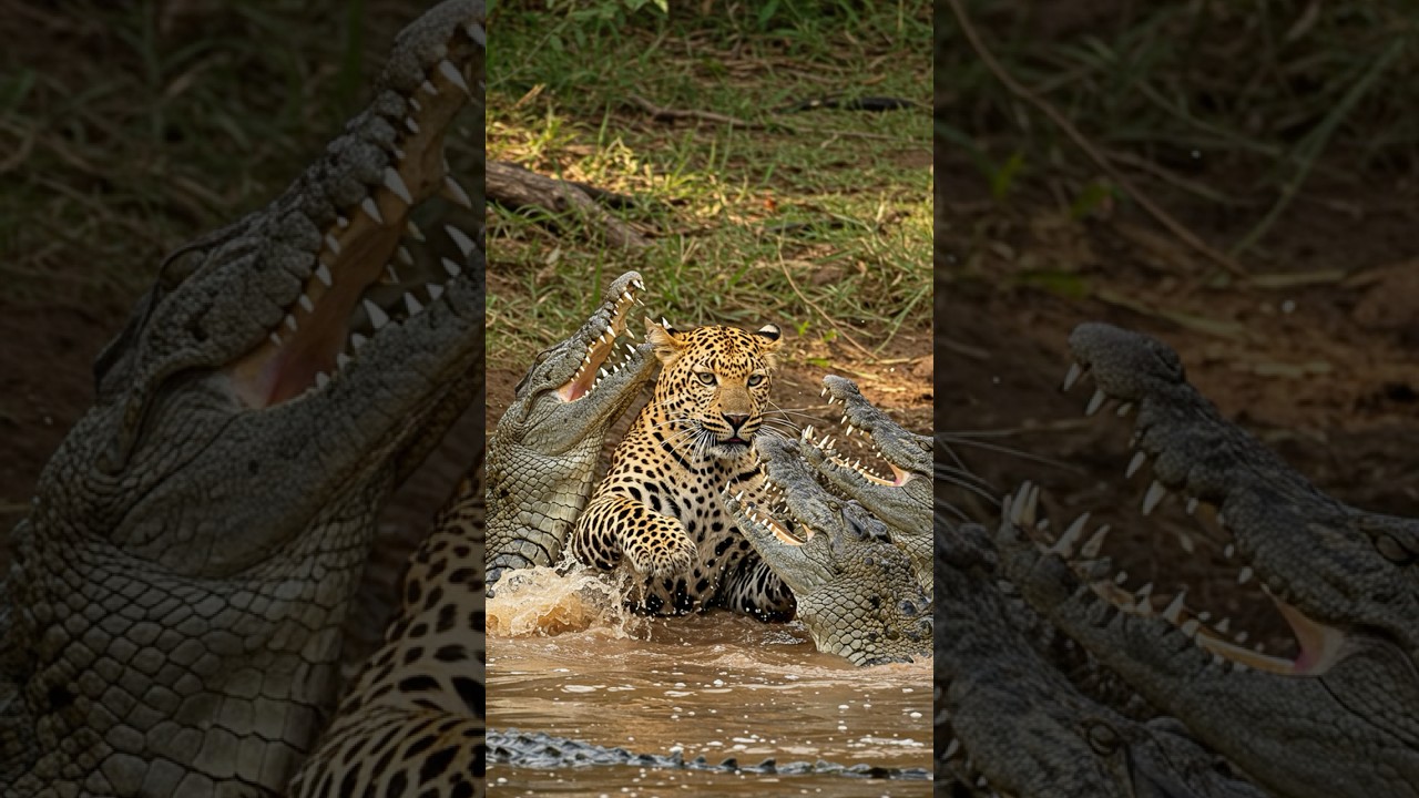 Leopard&rsquo;s Worst Nightmare: Crocodile Trap in the River! 🐆⚠️🐊 #wildlifeshorts