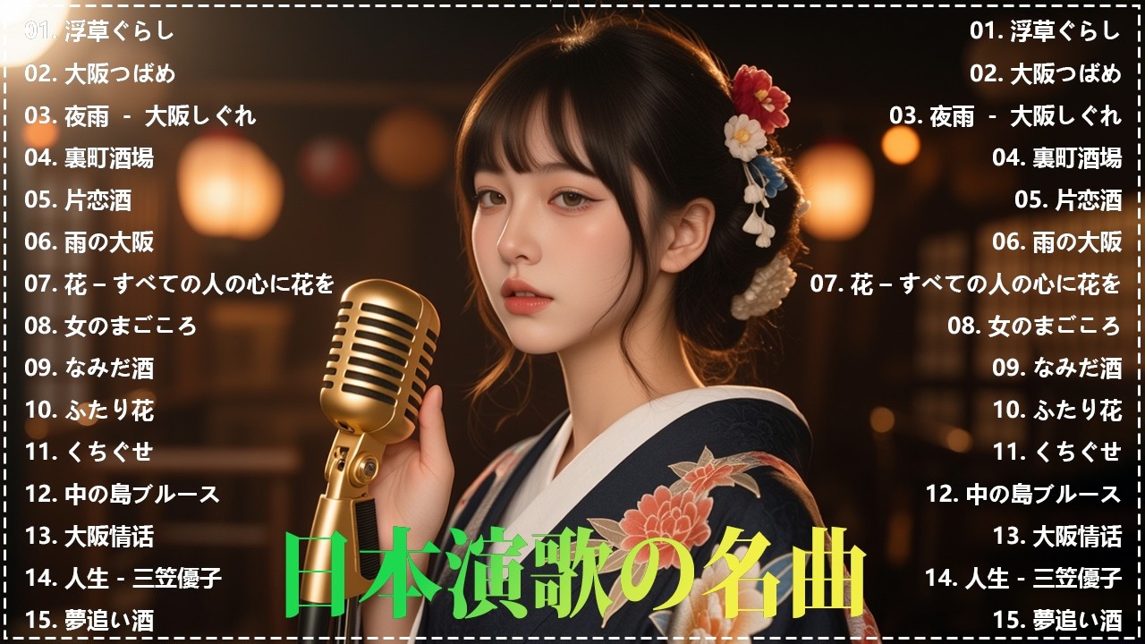 日本演歌 の名曲 メドレー🔊💽 演歌の調べに包まれて、あの日の涙を思い出す💿浮草ぐらし/大阪つばめ/大阪しぐれ/裏町酒場/片恋酒/雨の大阪/すべての人の心に花を
