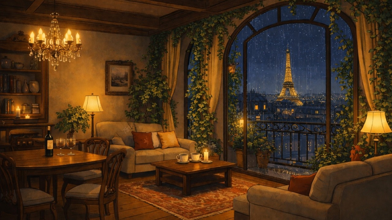 Cozy Paris Rain Ambience 🌧️ Candlelit Apartment with Eiffel Tower View | Le Festin Background Music