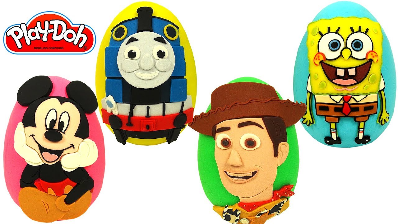4 Ovos Surpresas do Bob Esponja, Xerife Woody, Thomas e Mickey Mouse em Português de Play Doh