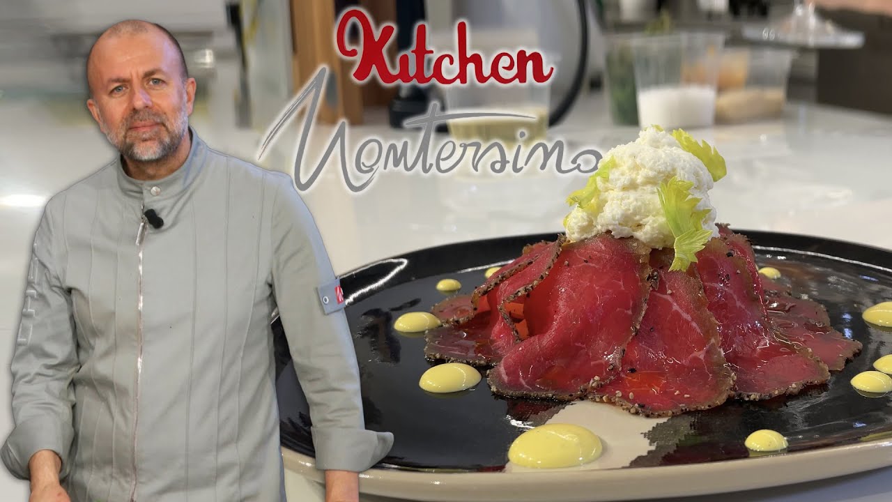 Insalata di sedano verde e nocciole, manzo marinato e spuma di parmigiano - Kitchen Montersino