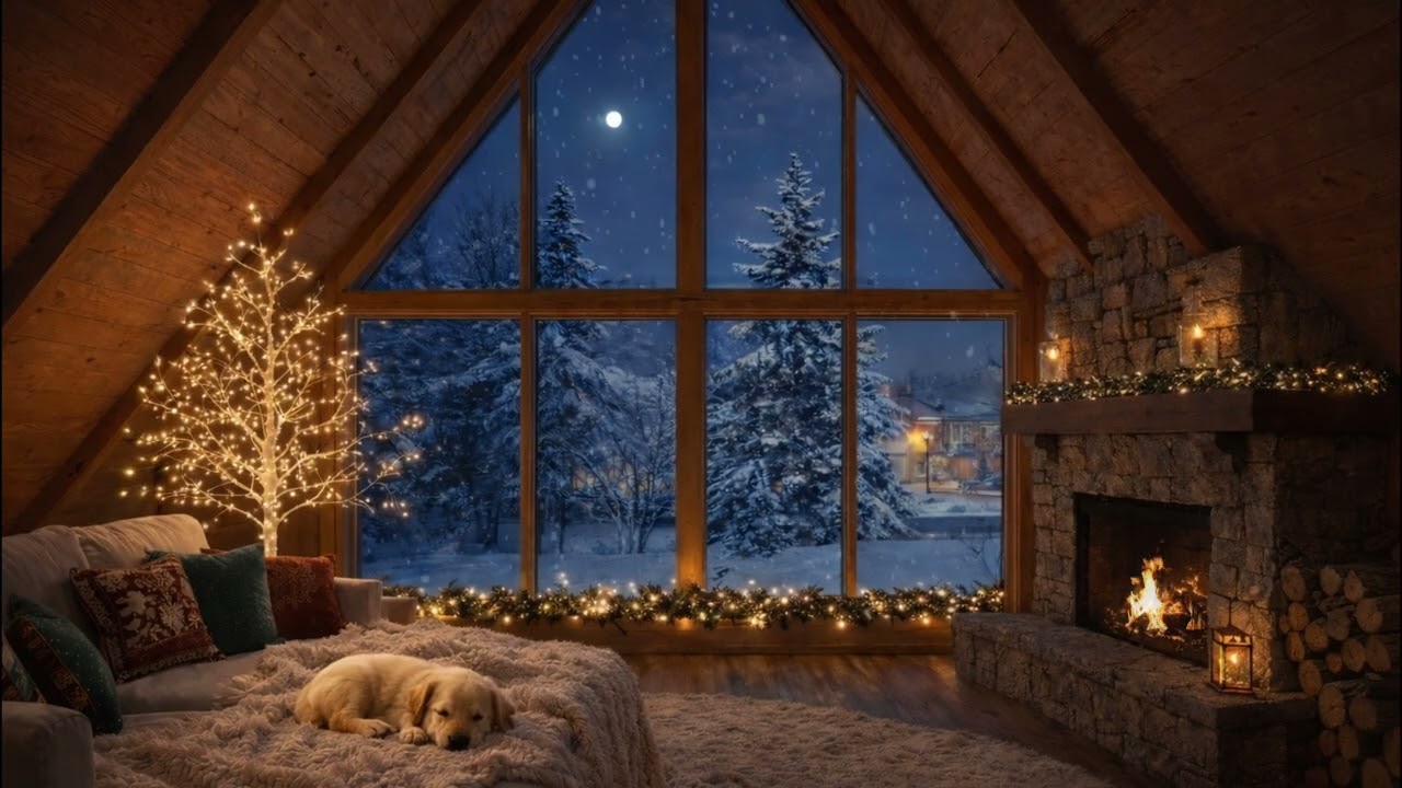Cozy Winter Cabin Ambience ❄️ Fireplace Glow, Snowfall & Warm Lights | 4K Relaxing Video