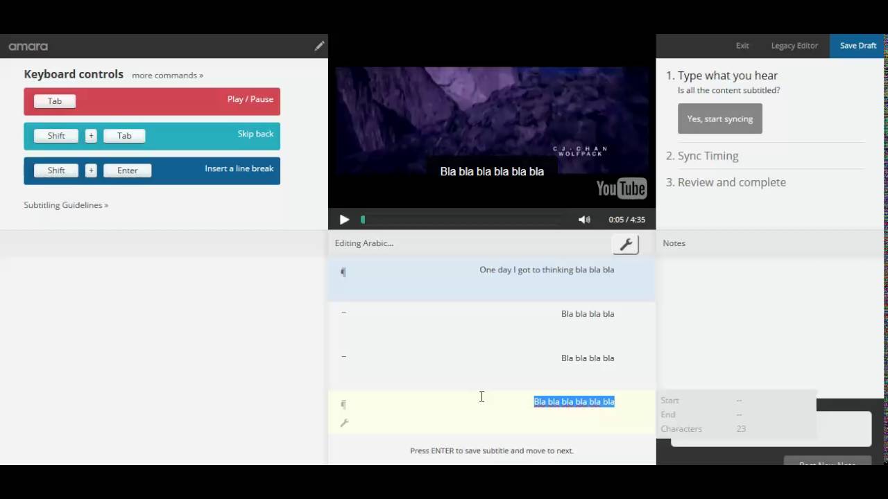 Subtitle Editor in Amara - محرر الترجمة والتفريغ في أمارا