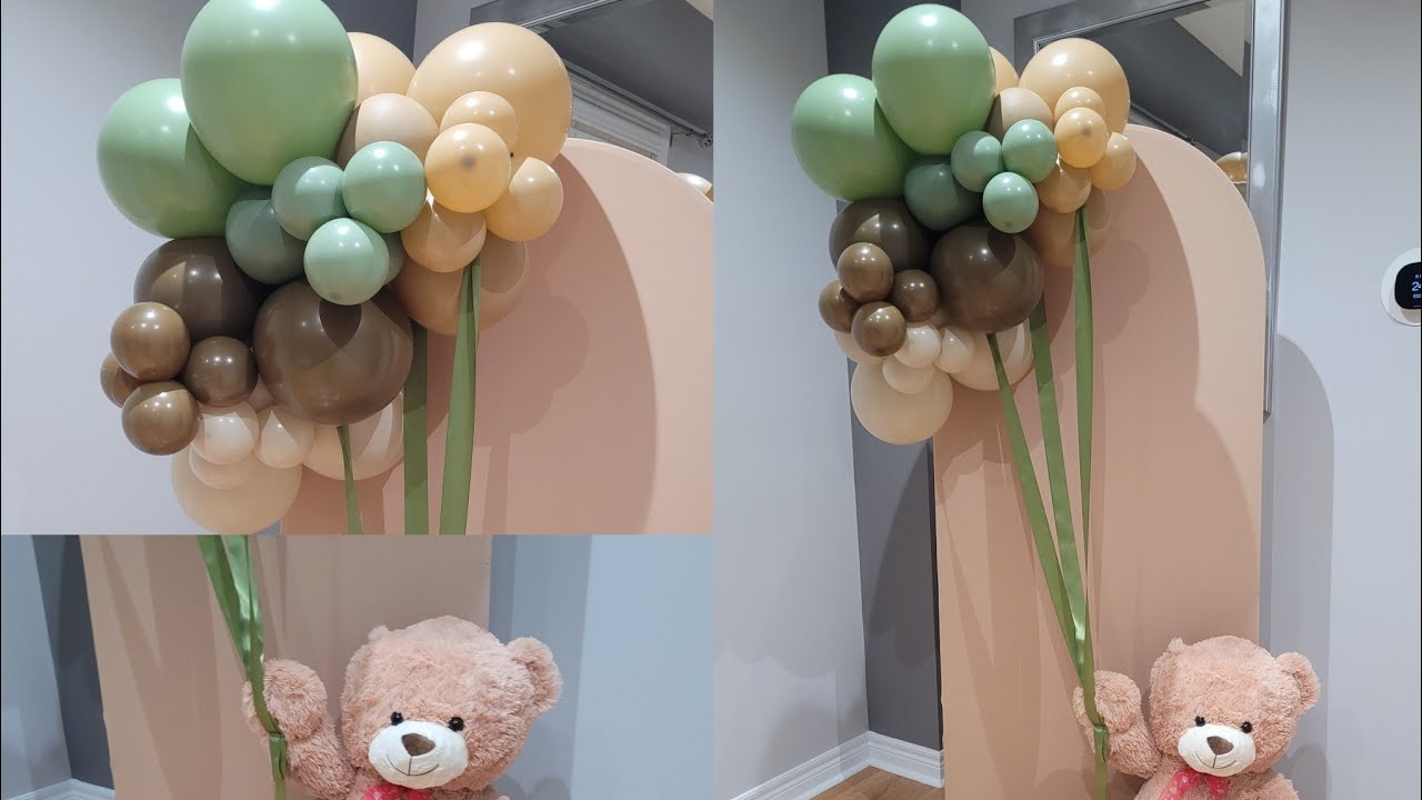 Teddy bear holding balloons decor idea for baby shower / baby shower backdrop idea