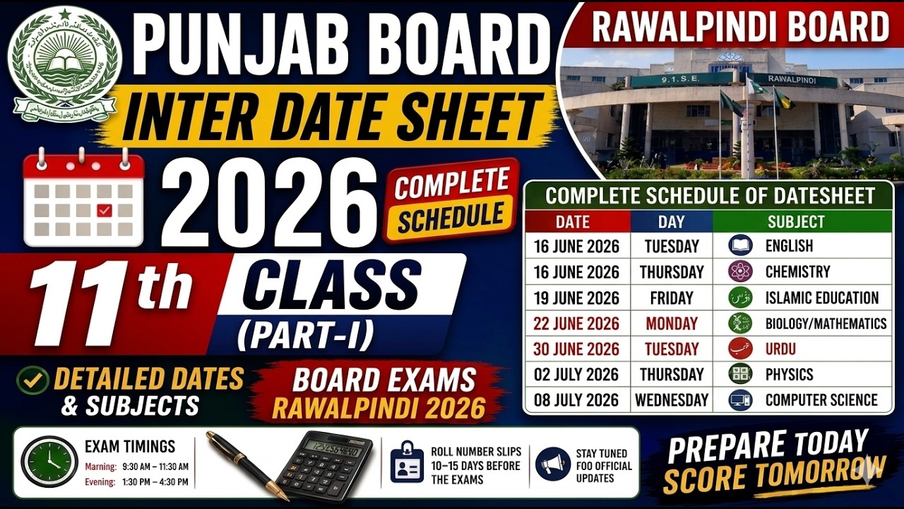 First Year Date Sheet 2026 | 11th Class Date Sheet 2026 | Rawalpindi Board 2026