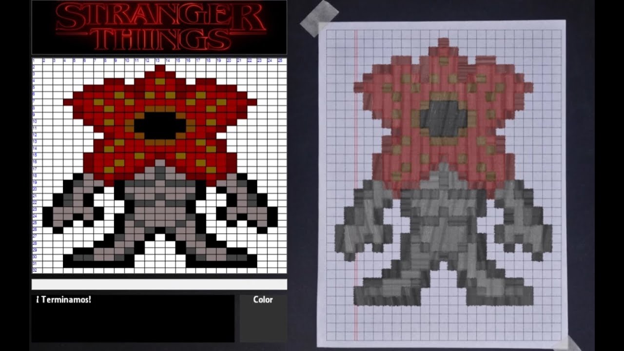 Tutorial paso a paso de PixelArt del Demogorgon, de Stranger Things en papel cuadriculado