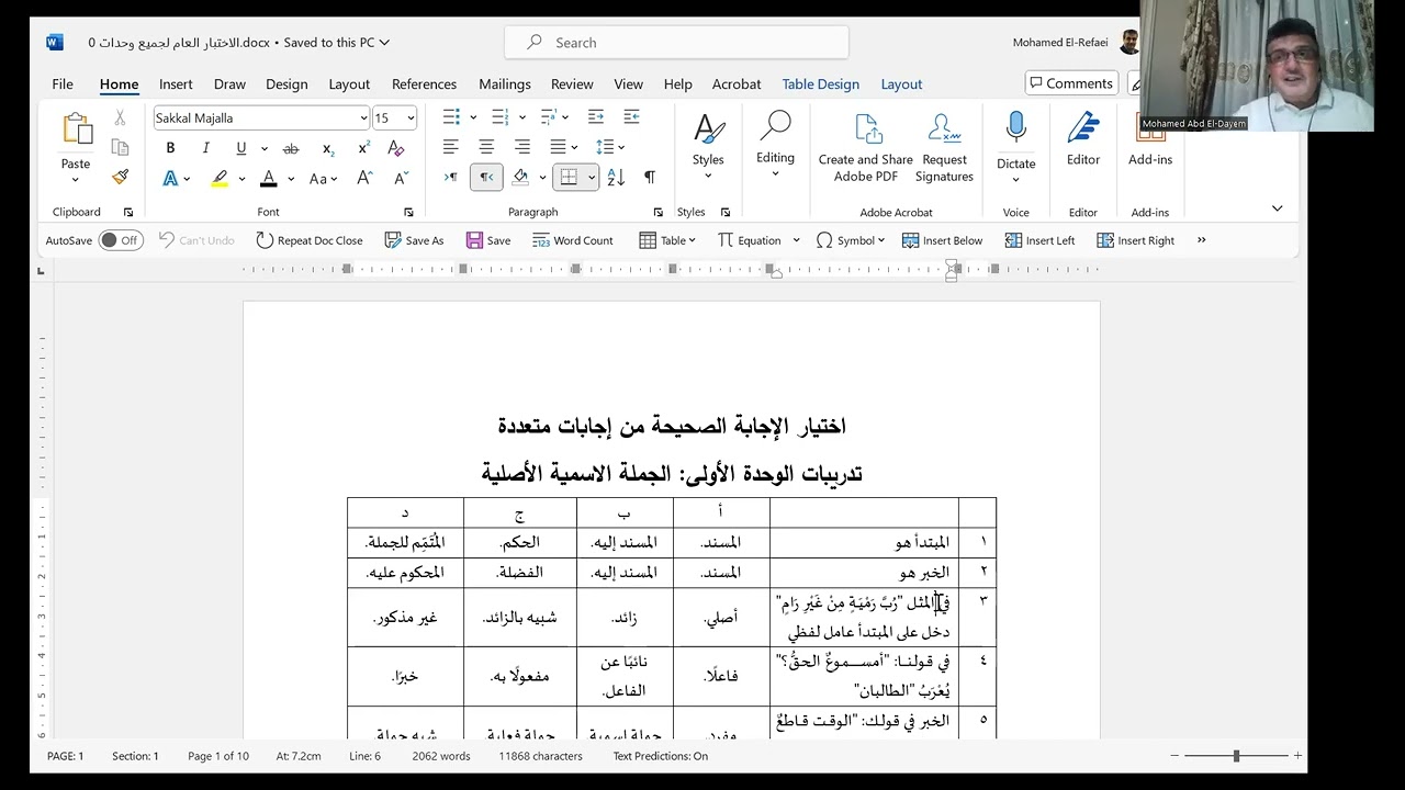 تدريبات عامة على مقرر الجملة الاسمية