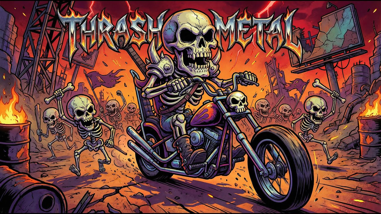 ThrashMetal Instrumental Pushing Tempo Past Control with Unbroken Drums and Cutting Riffs