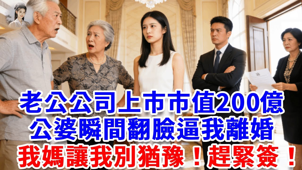 老公公司上市市值200億，公婆瞬間翻臉逼我離婚，我媽讓我別猶豫！趕緊簽！當晚暴雨夜婆家5口跪在我家門口：讓您媽媽收手吧！#思妤說故事#為人處世#生活經驗#情感故事#晚年哲理#說故事#完結文#原創故事
