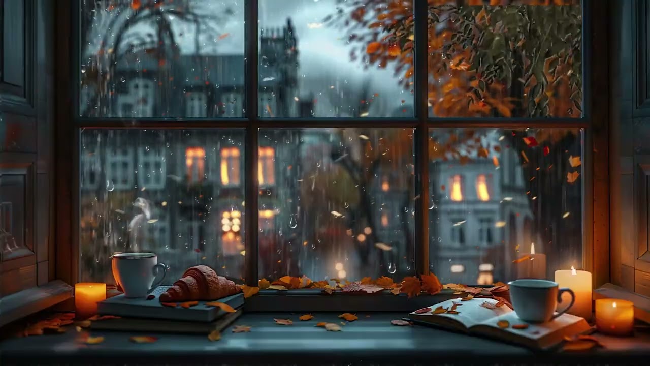 A Calm Coffee Shop Night Watching Rain Outside the Window with Soft and Gentle Sounds