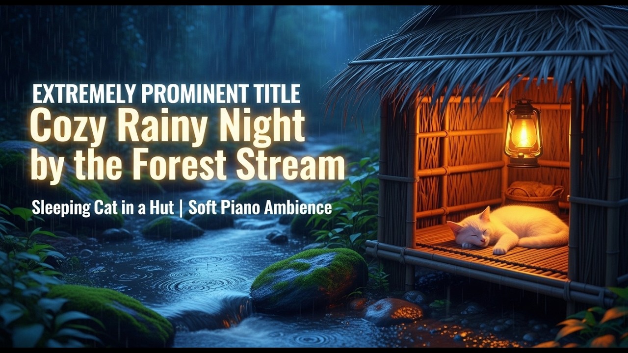 Cozy Rainy Night by the Forest Stream 🌧️ Sleeping Cat in a Hut | Soft Piano Ambience