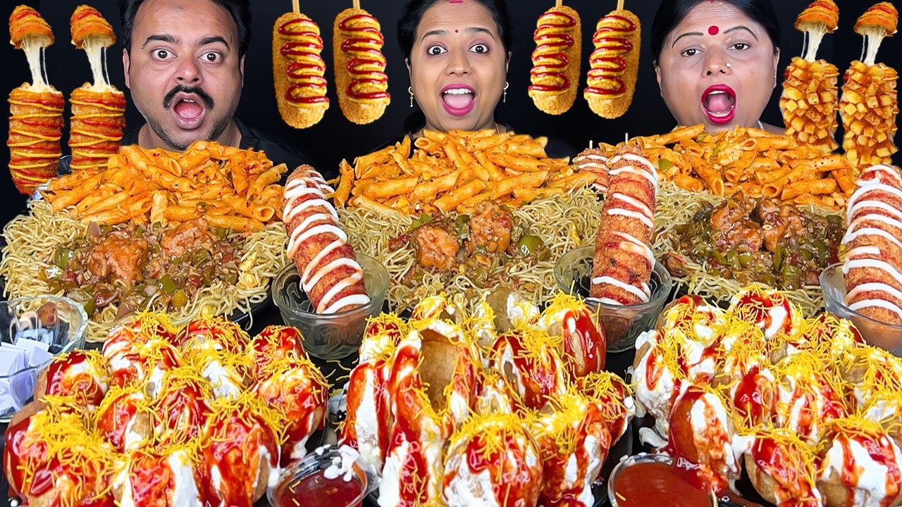 SPICY STREET FOOD EATING CHALLENGE VIRAL VIDEO EGG CHICKEN CHOW, PASTA, DAHI PURI, CORN DOG MUKBANG