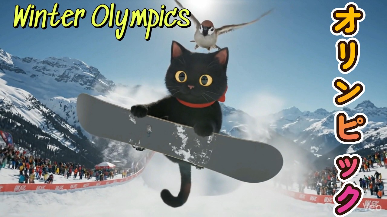 黒猫くろねと、すずめもちゅんの冬オリンピック大挑戦！