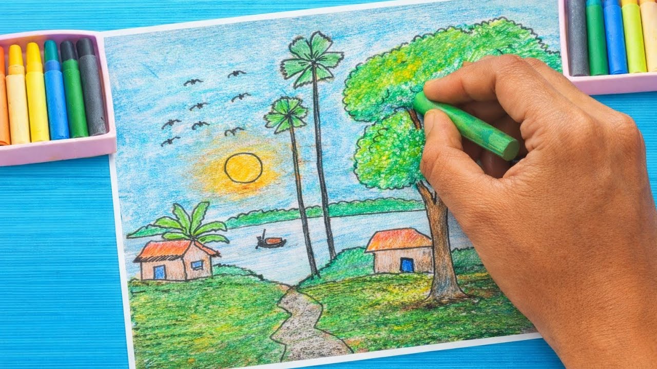 গ্রামের সুন্দর প্রাকৃতিক দৃশ্য অঙ্কন | Easy Village Scenery Drawing with Oil Pastel