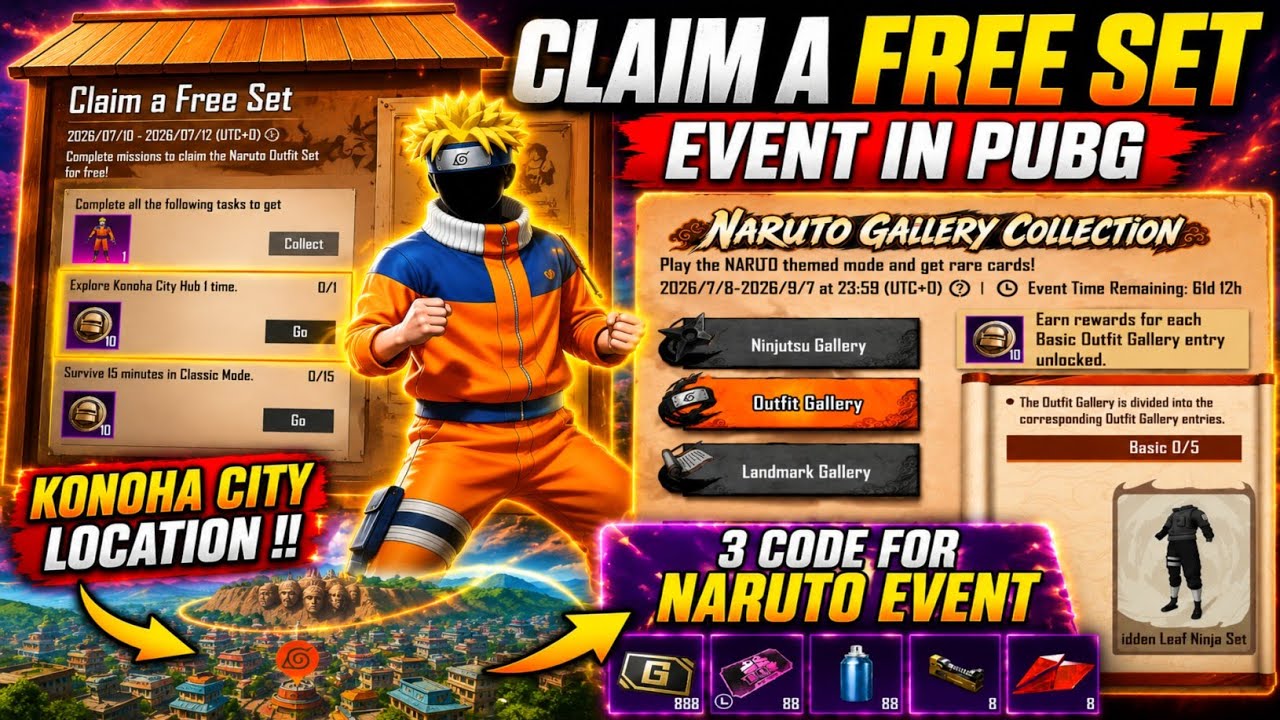 😍CLAIM A FREE SET EVENT IN PUBG MOBILE | KONOHA CITY HUB LOCATION | 3 CODES FOR NARUTO GALLERY EVENT
