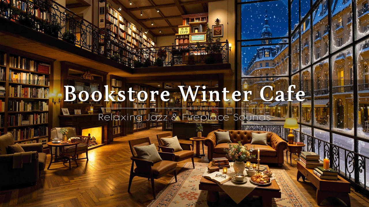 Relaxing Winter Ambience at a Cozy Bookstore Cafe ☕ Warm Jazz Music & Fireplace Sounds to Work, Calm