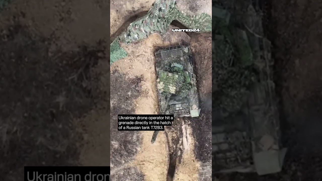 Ukrainian drone operator hit a grenade directly in the hatch of a Russian tank T72B3 #warinukraine