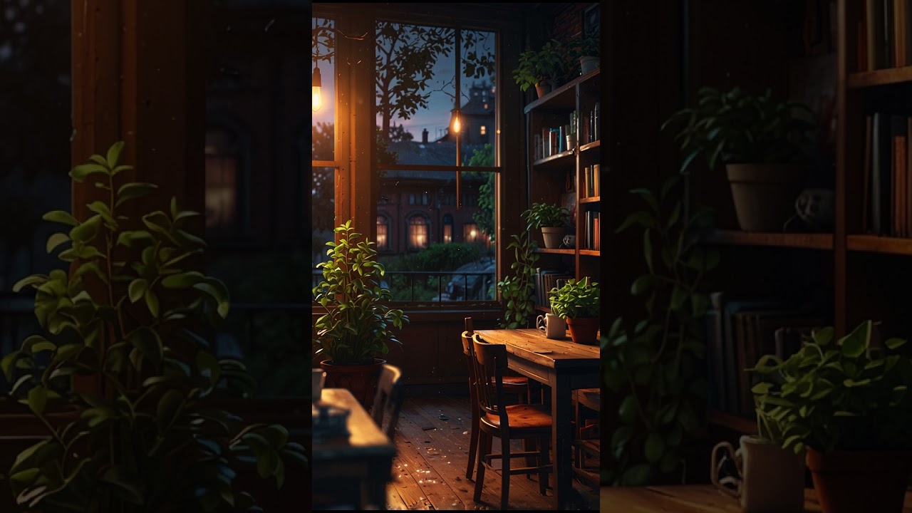 A Warm cozy lo-fi library café at midnight  📖☕  