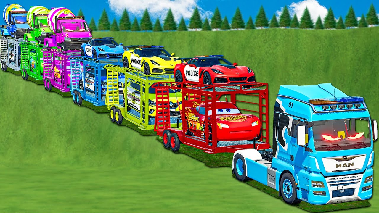OVERSIZE LONG CONVOY TRANSPORT COPS CORVETTE, CEMENT MIXERS, RENAULT & MAN TRUCKS! FS 25