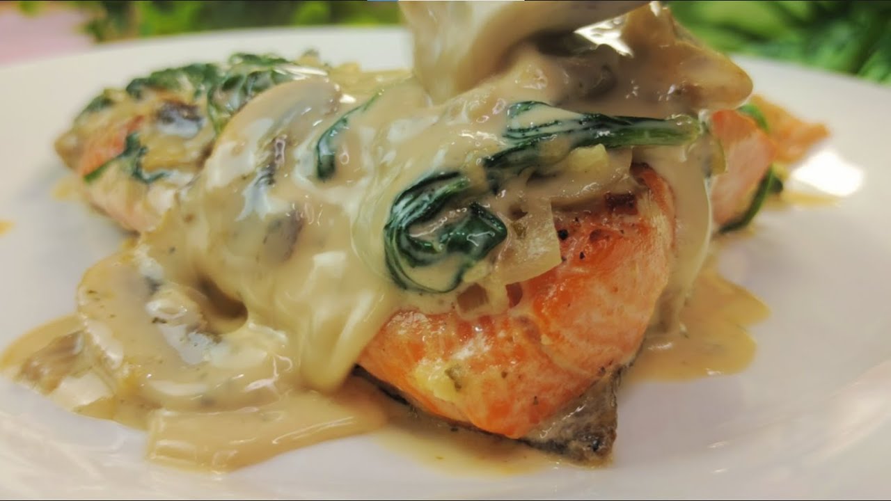 Easy pan seared salmon recipe with creamy spinach & mushroom sauce