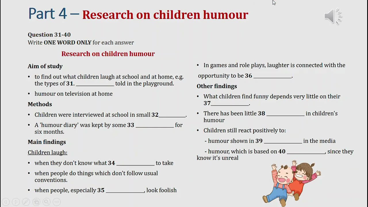 IELTS listening actual test Part 4: research on children humour (answer+ transcript)
