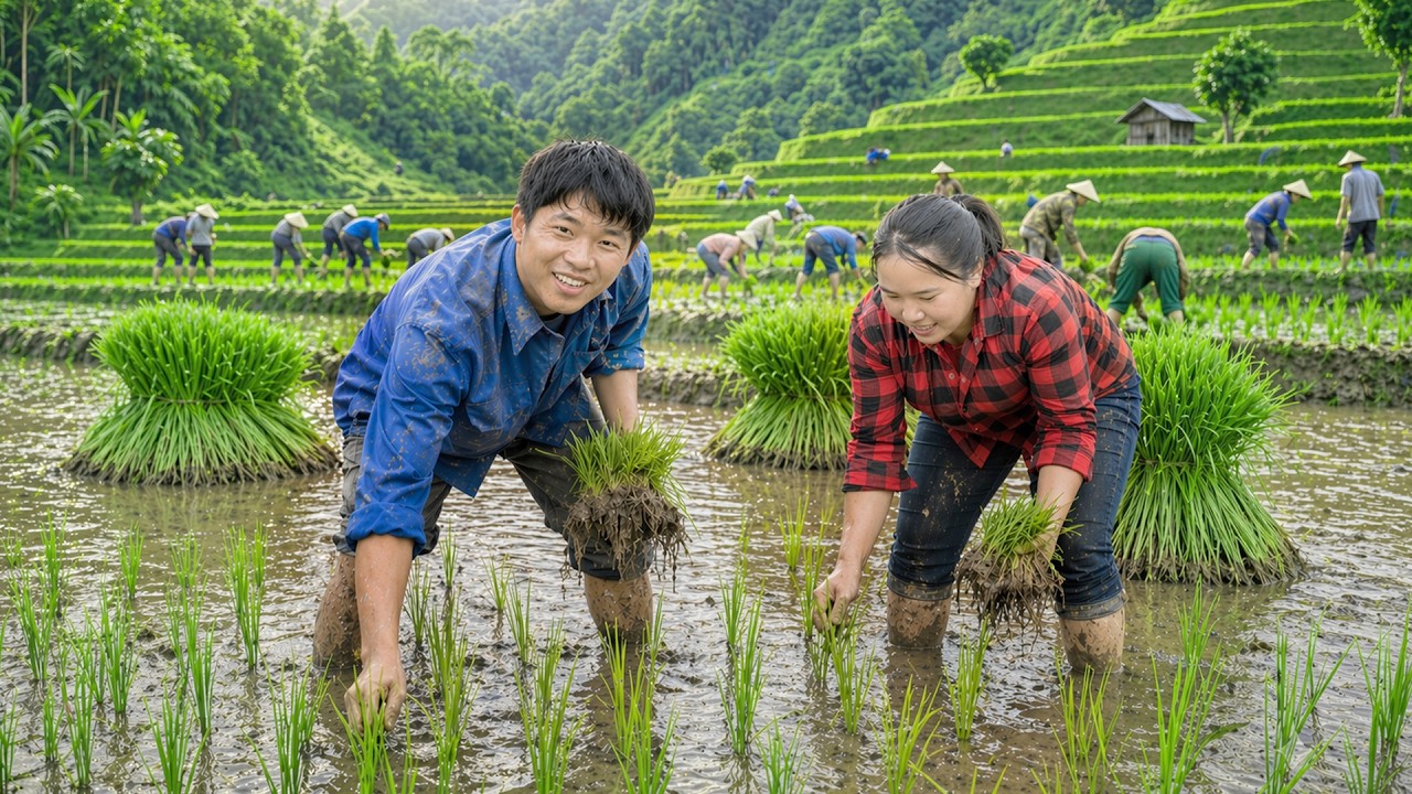 Starting a New Rice Season &ndash; Phuc and Sua Work with the Villagers Planting Rice in Terraced Fields