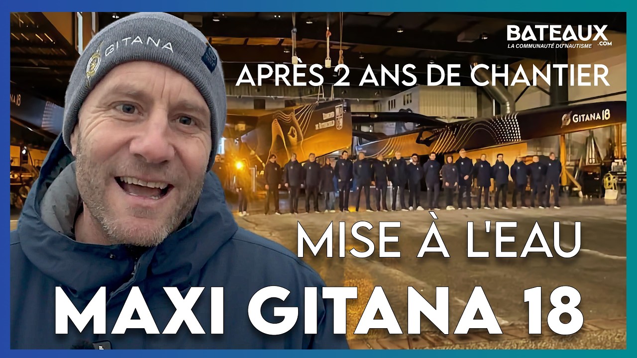 Sortie de hangar du Maxi Gitana 18, nouveau trimaran Ultim skippé par Charles Caudrelier