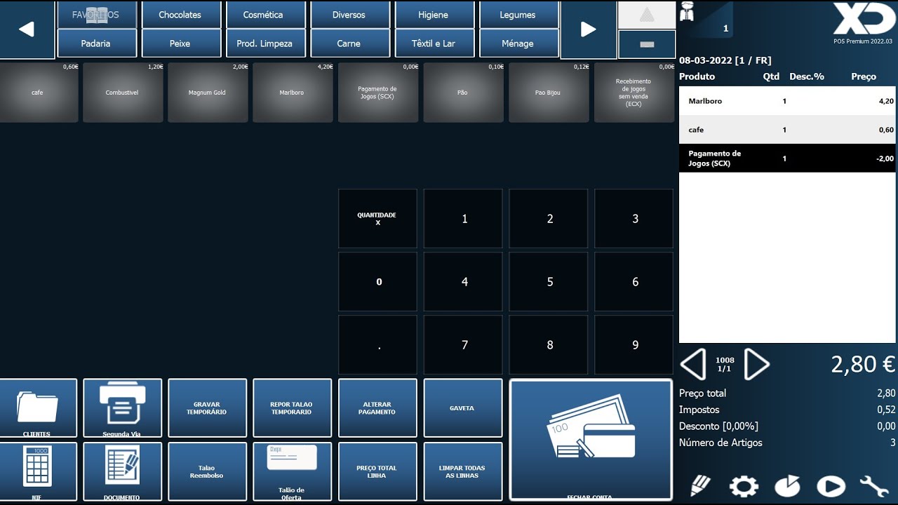 XD Touch: Registar, numa única operação, venda e movimentos de caixa  (raspadinhas, premios, etc)
