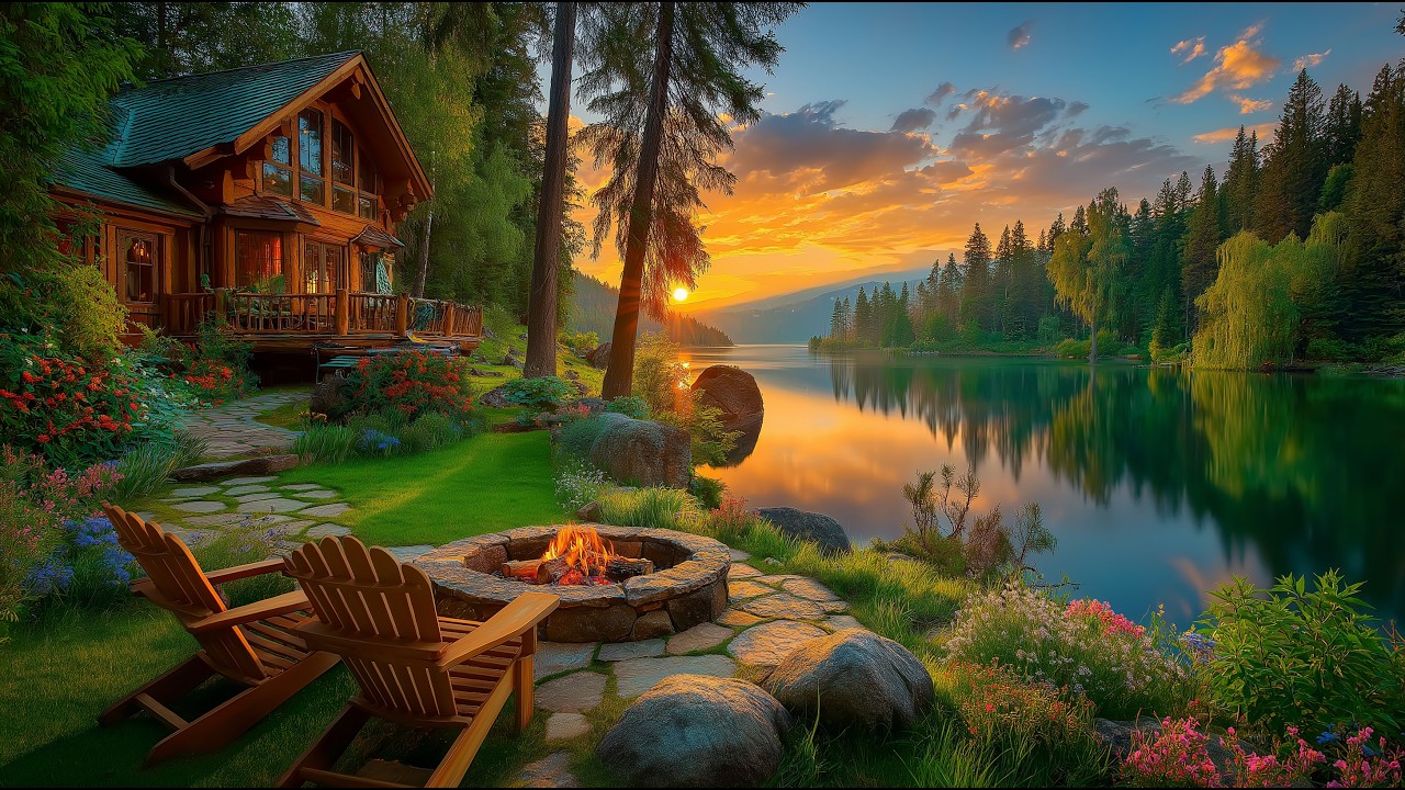 Warm Cabin Fireplace by the Lake 🌅 Relaxing Spring Evening | Calm Water and Nature Ambience