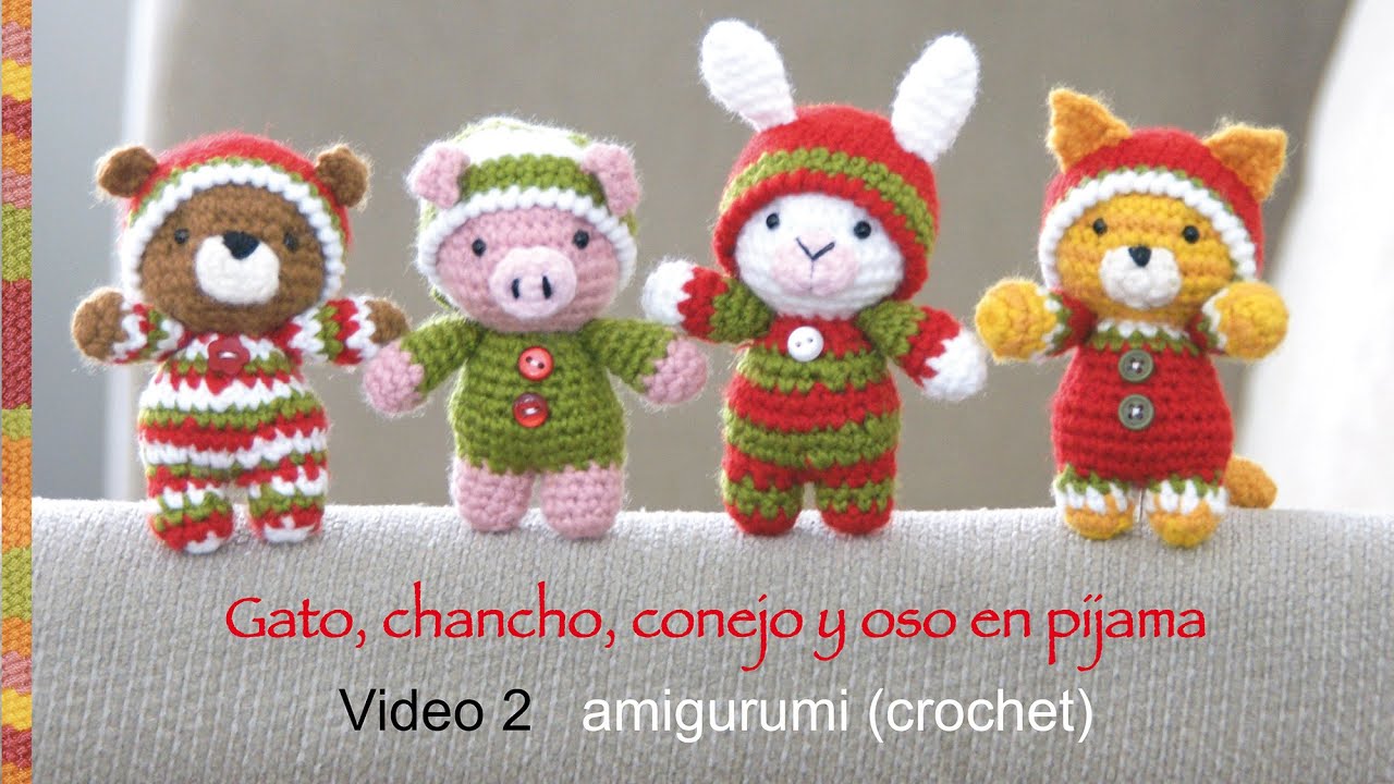 Oso, gato, chancho y conejo bebés en pijamas (crochet-amigurumi) Parte 2