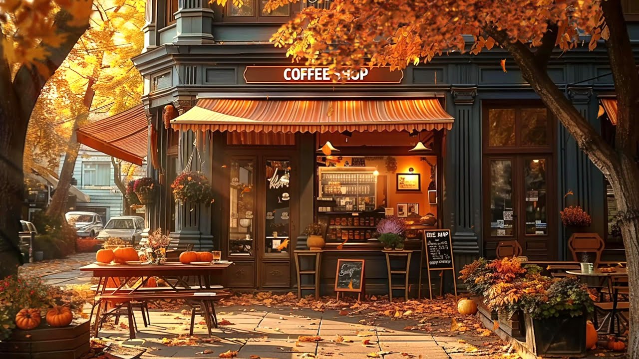 A Windy Autumn Sunset by the Coffee Shop w/ Exquisite Slow Jazz Music For a Positive Day