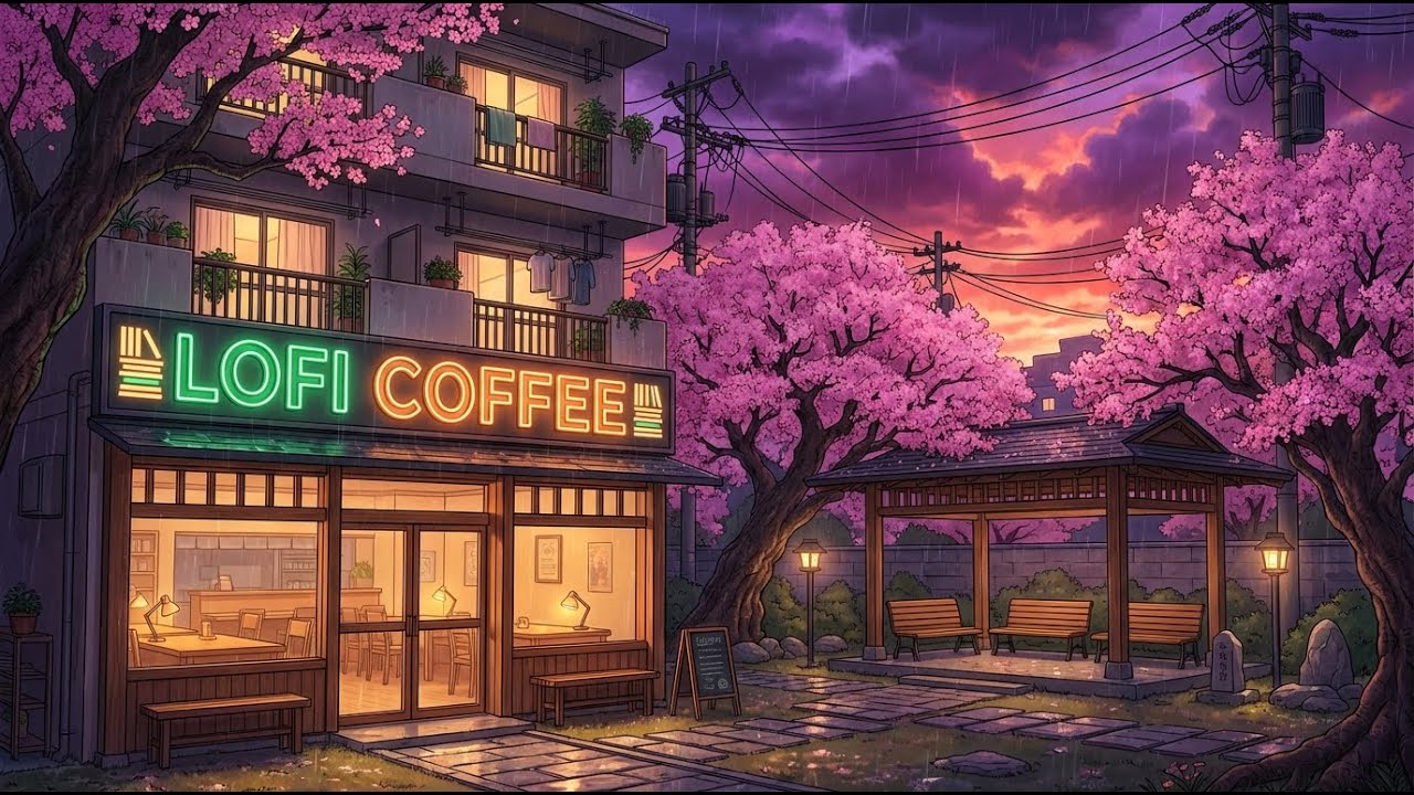 🌧️ Soft Rain Lofi Study Beats for Focus 📚 Neon Sakura Garden Reading Bench Coffee ☕