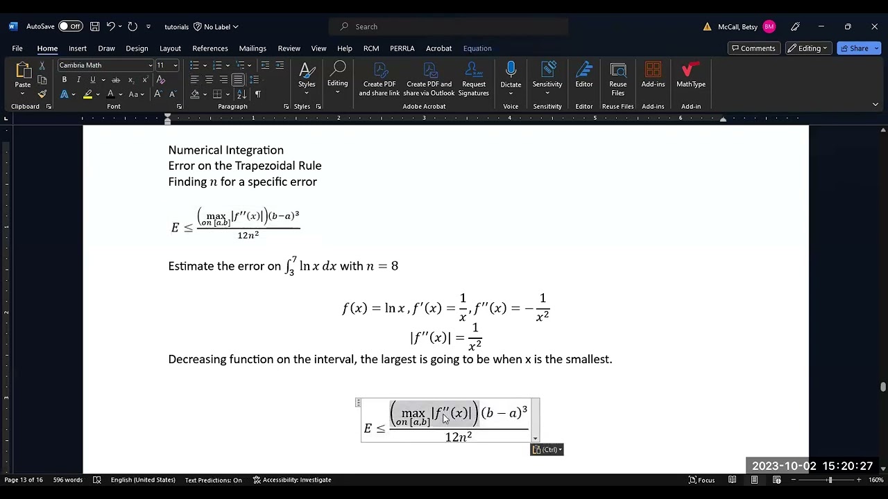 Finding the Error on the trapezoidal Rule and using the error formula to find the n required